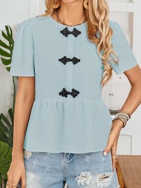 Light Blue Short-Sleeve Peplum Top with Decorative Buttons